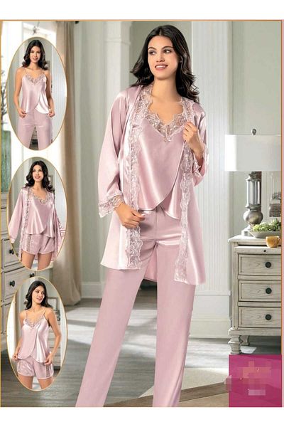 CT MODA Special Design - Powder Satin and Lace Women's Morning Gowns Pajamas Set, 4-Piece Dowry Set with Shorts