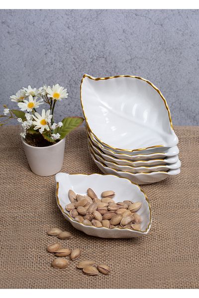 Home Set of 6 White Gilded Leaf Breakfast and Snack Bowl