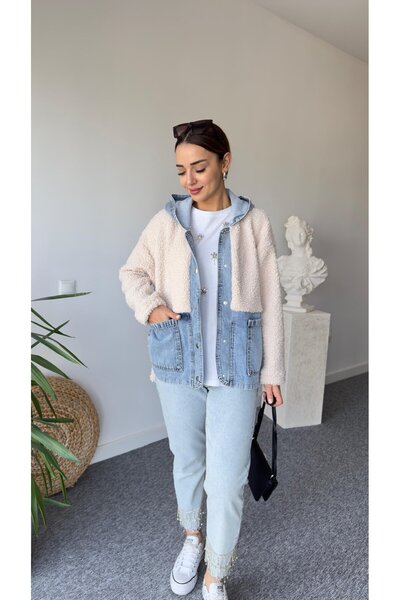 HARMONY GLOBAL Дамско теди яке с качулка и качулка в цвят екрю 9063