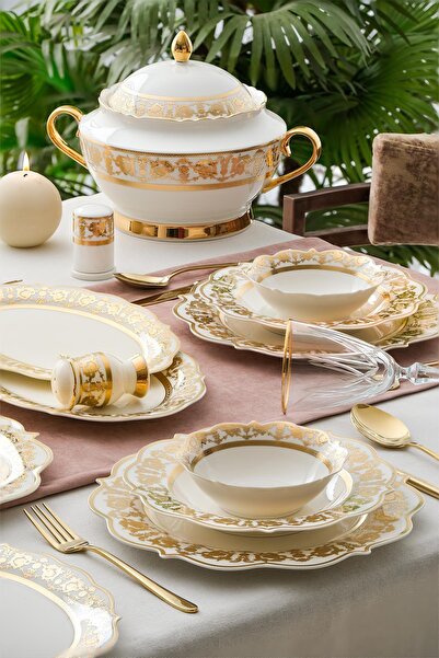 ACAR Caroline Bone China Emboss 60 Parça 12 Kişilik Gold Porselen Yemek Takımı