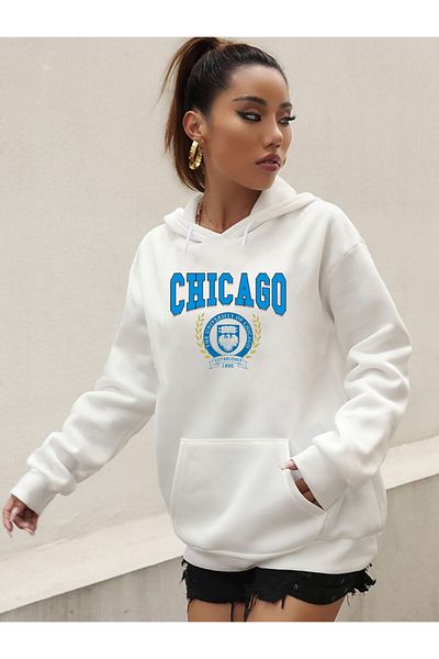 DEEPSENCE Λευκό Oversize Γυναικείο Φούτερ με κουκούλα - CHICAGO Printed