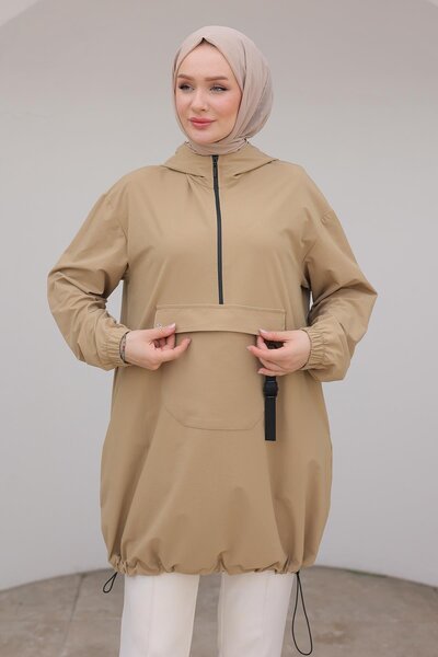 Armine TREND Kapüşonlu Yarım Fermuarlı Kolları Lastikli Tunik Bej 24KT402