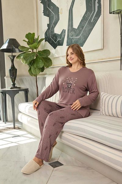 Aydoğan Women's Pearl Large Size Lover Powder Brown Pajamas Suit 0643
