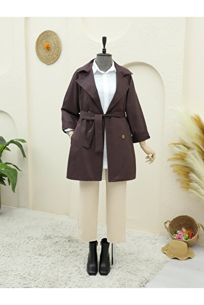 Modamorfo Bolero Detaylı Düğmeli Ara Boy Trençkot -mürdüm