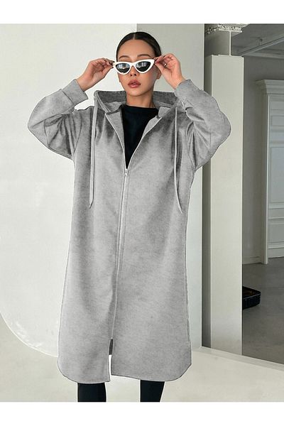 Know Women's Gray Oversize Pocketless Long Hooded Cardigan