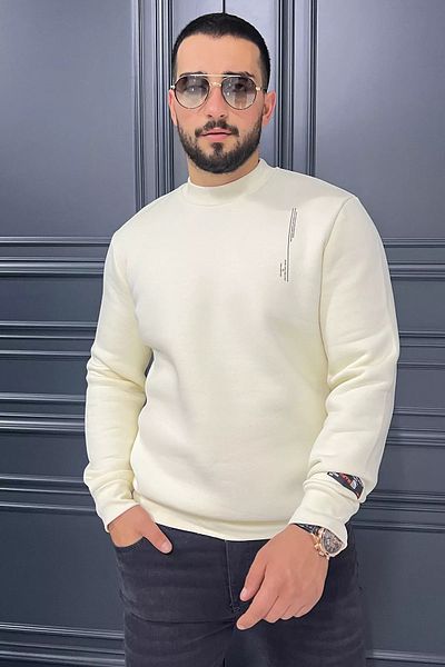 MİSHAR İTALİA Ανδρικό φούτερ Cream Three Thread Raised Crew Neck