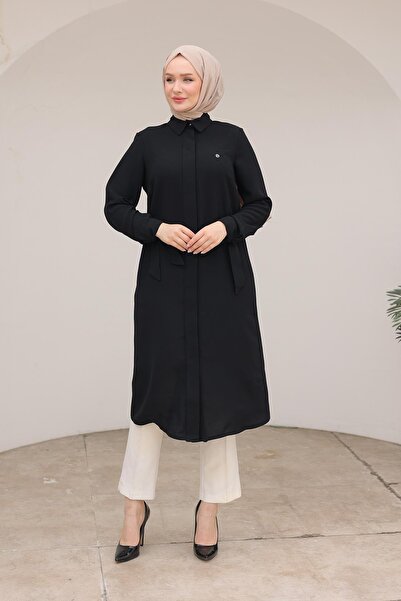 Armine TREND Gizli Düğmeli Gömlek Yakalı Tunik Siyah 24KT472