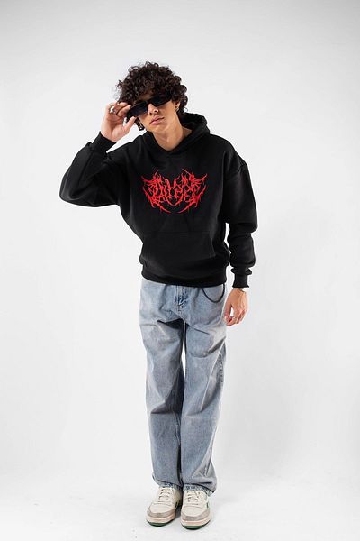 Sekizbiraltı Unisex Oversize Black Hoodie - Red Dusk Printed