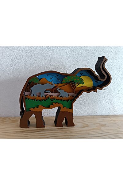 GHY AHŞAP Dekoratif 3d Katmanlı Fil Figürlü Masa Süsü Biblo