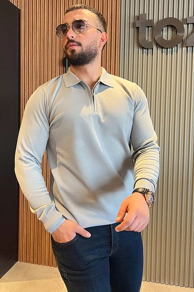 MİSHAR İTALİA Ανδρικό πλεκτό πουλόβερ σε γκρι γιακά Polo με μισό φερμουάρ