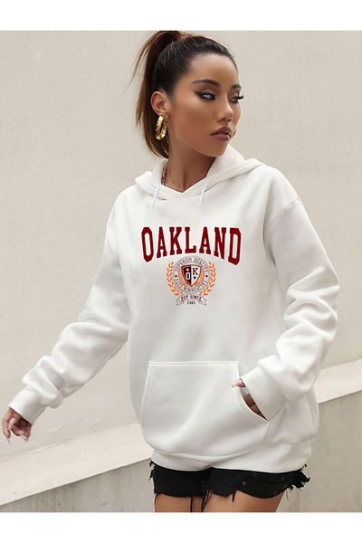 DEEPSENCE Λευκό Oversize Γυναικείο Φούτερ με κουκούλα - OAKLAND Printed