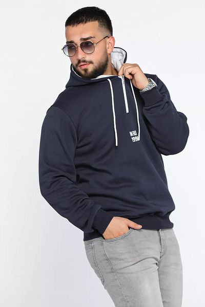 MİSHAR İTALİA Μπλουζάκι με κουκούλα Navy Blue, με μισό φερμουάρ, ροζ χρυσό, λεπτή εφαρμογή με τρεις κλωστές