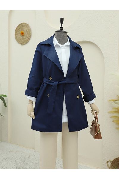 Modamorfo Intermediate Length Navy Trench Coat - Bolero Detailed and Buttoned