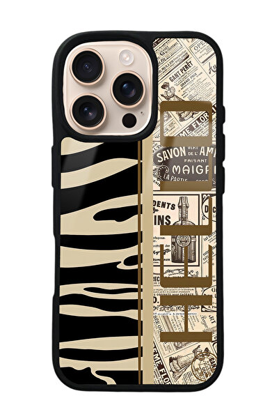 Spoyi iPhone 16 Pro Zebra Gazete Tasarımlı Glossy Telefon Kılıfı