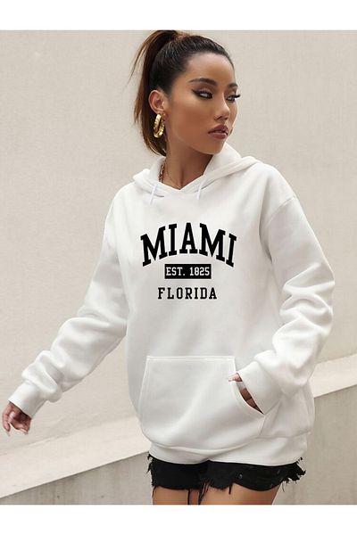 DEEPSENCE Λευκό φούτερ με κουκούλα Oversize - MIAMI Printed