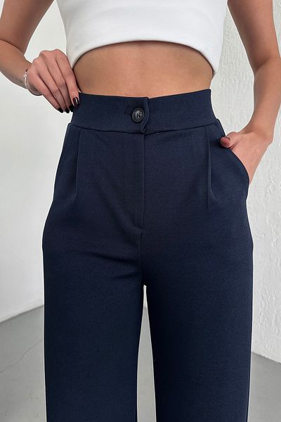 RuyaMood Women's Navy Blue High Waist Button Closure Lycra Pleated Palazzo Knitted Trousers
