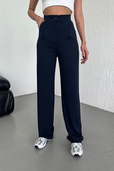 RuyaMood Dámské námořnicky modré pletené kalhoty Palazzo s vysokým pasem a zapínáním na knoflíky z lycry