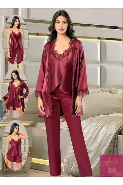 CT MODA Burgundy Satin Lace 4-Piece Dressing Gown and Pajama Set - Shorts and Dowry Set
