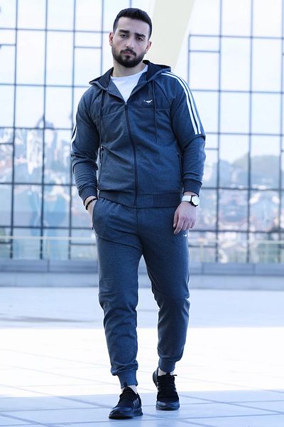 MİSHAR İTALİA Σετ ανδρικής φόρμας Anthracite Elastic Leg Hooded με λεπτομέρεια ρίγας