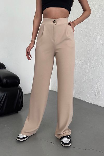 RuyaMood Women's Beige High Waist Button Closure Lycra Pleated Palazzo Knitted Trousers