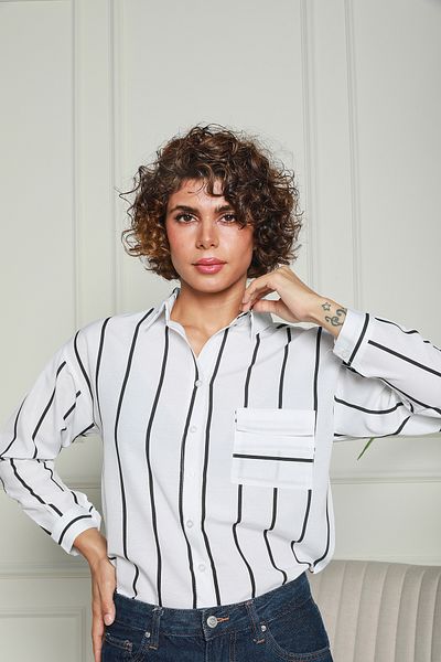 Butik Cămașă țesută cu un singur buzunar, neagră, cu dungi Nuevoo