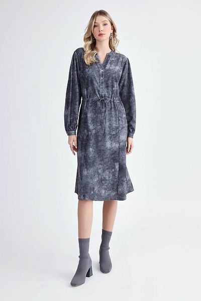 Vitrin Patterned Dress with High Collar and Tie Waist