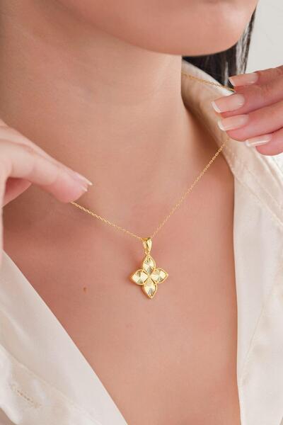 Tmt Silver Gümüş Altın Gold Kaplama Yonca Lazer Kalem İşlemeli Kolye