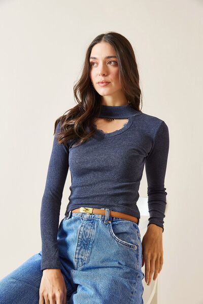 XHAN İndigo Yarım Balıkçı Yaka Pencere Detaylı Kaşkorse Bluz 5KXK2-49013-27