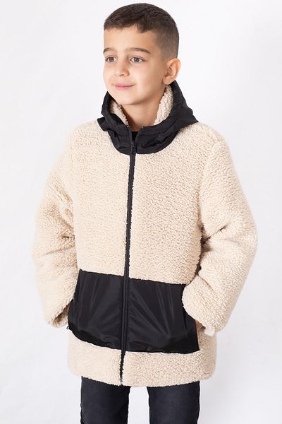 Cansın Mini Cardigan de pluș pentru băiat, cu buzunar cangur crem, cu glugă 19679