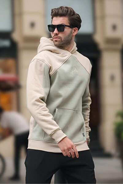 Madmext Μπεζ φούτερ με κουκούλα με λεπτομέρεια κεντημένη φούτερ E7085