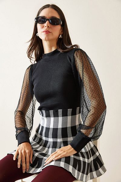XHAN Black Blouse with Tulle Sleeves 5Kxk2-49005-02