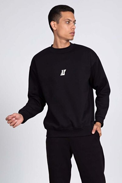 OIL PARK سويت شيرت رجالي أسود ذو 3 خيوط مرتفعة وذو قصة مريحة ورقبة دائرية ومط...