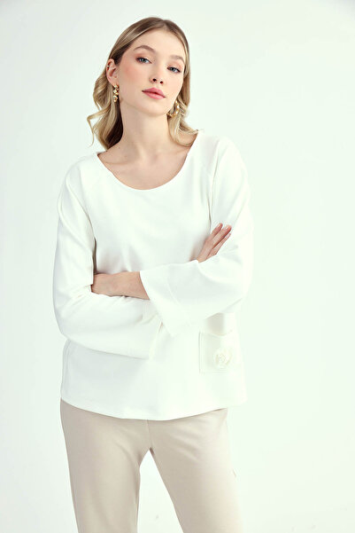 Vitrin Rose Detailed Round Neck Long Sleeve Blouse