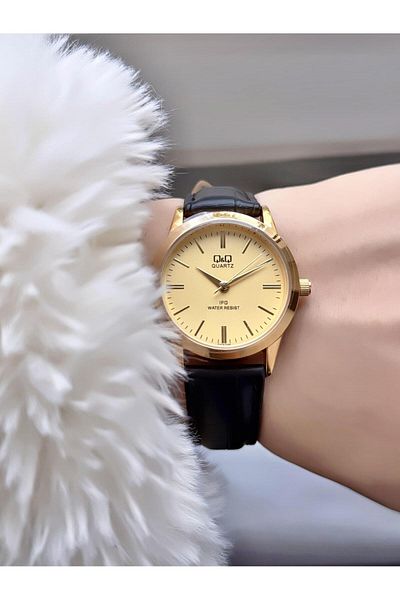 Q&Q Minimal Elegant Thin Case Women Leather Cord Wristwatch