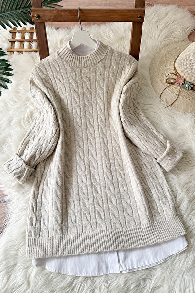 MODAQU Leyla  Saç Örgü Yumoş Triko Kazak - Taş