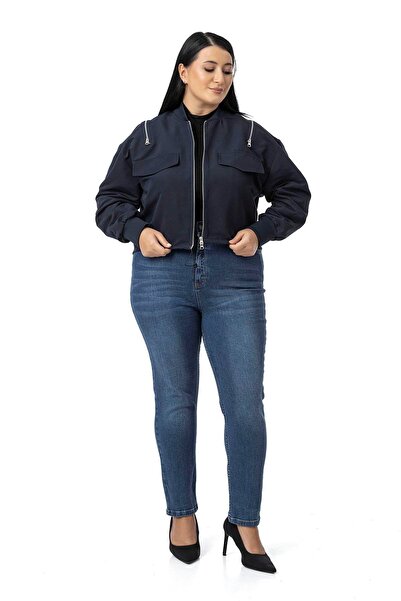 DISENTIS MODEST Бомбер-куртка темно-синього кольору з великим коміром і манжетами на застібці-блискавці