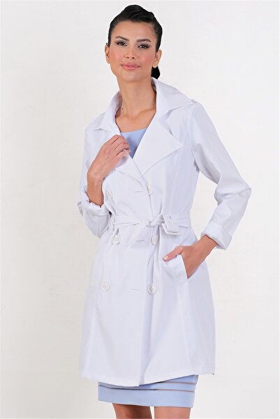 Spazio Pallaske Kruvaze Yaka Kuşaklı Cepli Trençkot BEYAZ