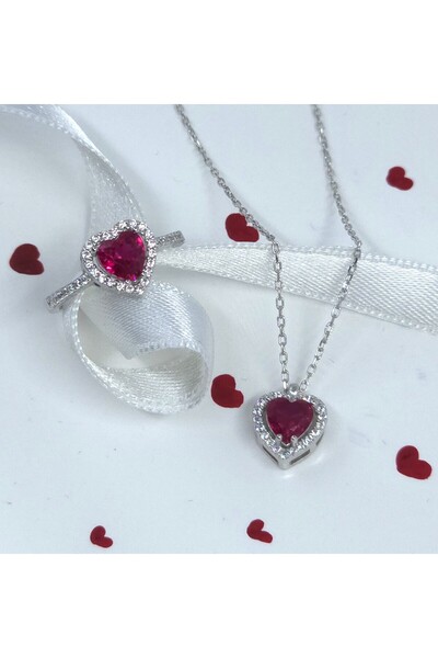 vüs jewel Aşkın Temsilcisi Kırmızı Taşlı Kalpli Yüzük ve Kolye Seti