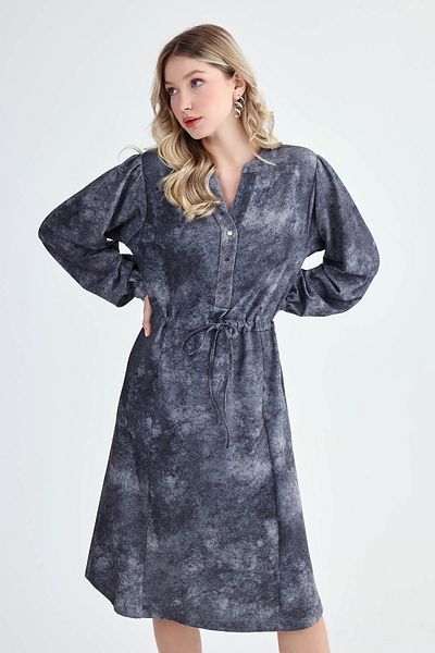 Vitrin Patterned Dress with High Collar and Tie Waist