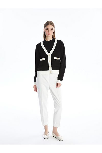LC Waikiki V-Neck Color Blocked Long Sleeve Women's Knitwear Cardigan