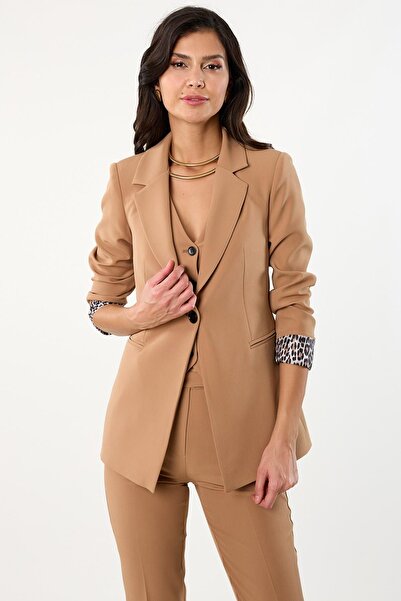 Spazio Tetterina Tek Düğme Leopar Astarlı Ceket CAMEL
