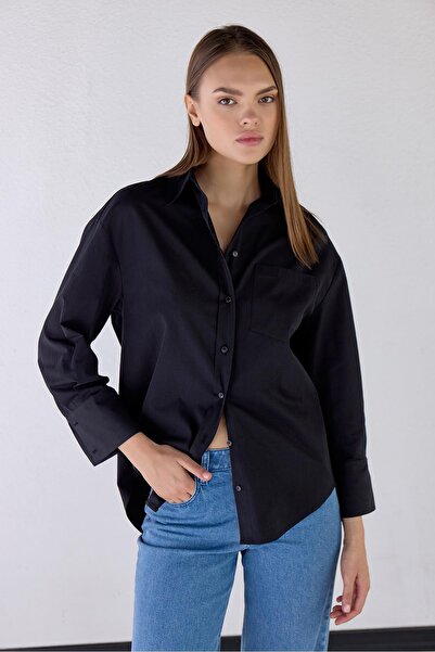Masha Kate %100 Organik Pamuk Rahat Kesim Siyah Gömlek