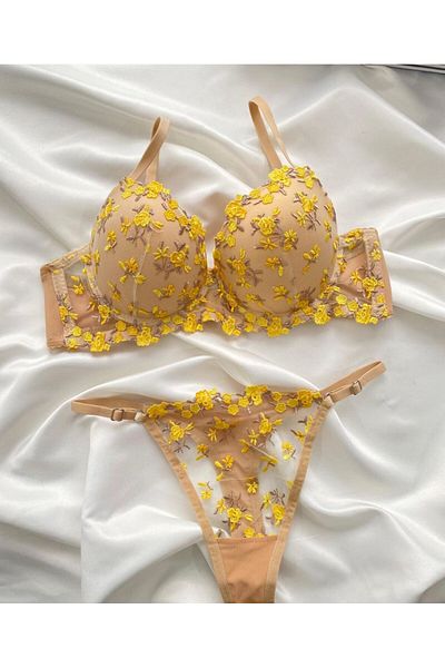 SİLVER MİRROR Set de chiloți sutien căptușit cu push up cu susținere mimosa cu flori mici galbene