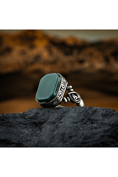 vevasilver Yeşil Akik Taşı 925 Ayar Kare Gümüş Erkek Yüzük
