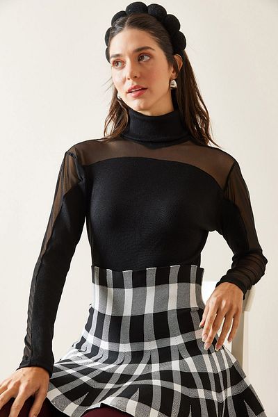 XHAN Black Tulle Detailed Blouse 5Kxk2-49023-02