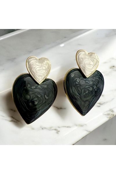 Kutcha Accessories Double Heart Marble Patterned Earrings - Black & White Gold Frame