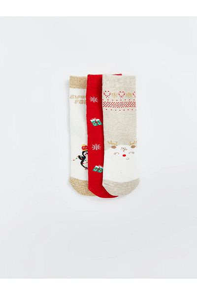 LC Waikiki Lcw Baby Beige Melange Printed Baby Girl Socks 3-Piece