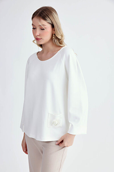 Vitrin Rose Detailed Round Neck Long Sleeve Blouse