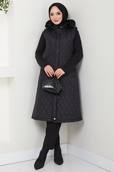 hafsamina Black Quilted Hooded Vest - Hm2539
