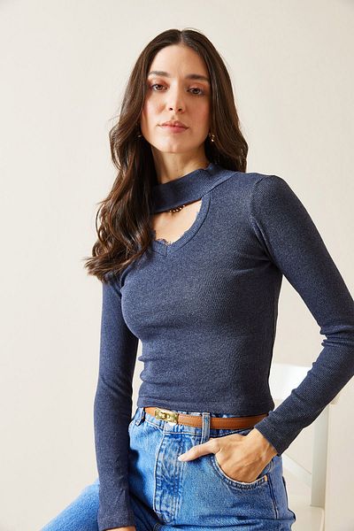 XHAN Half Turtleneck and Window Detailed Indigo Camisole Blouse - 5Kxk2-49013-27